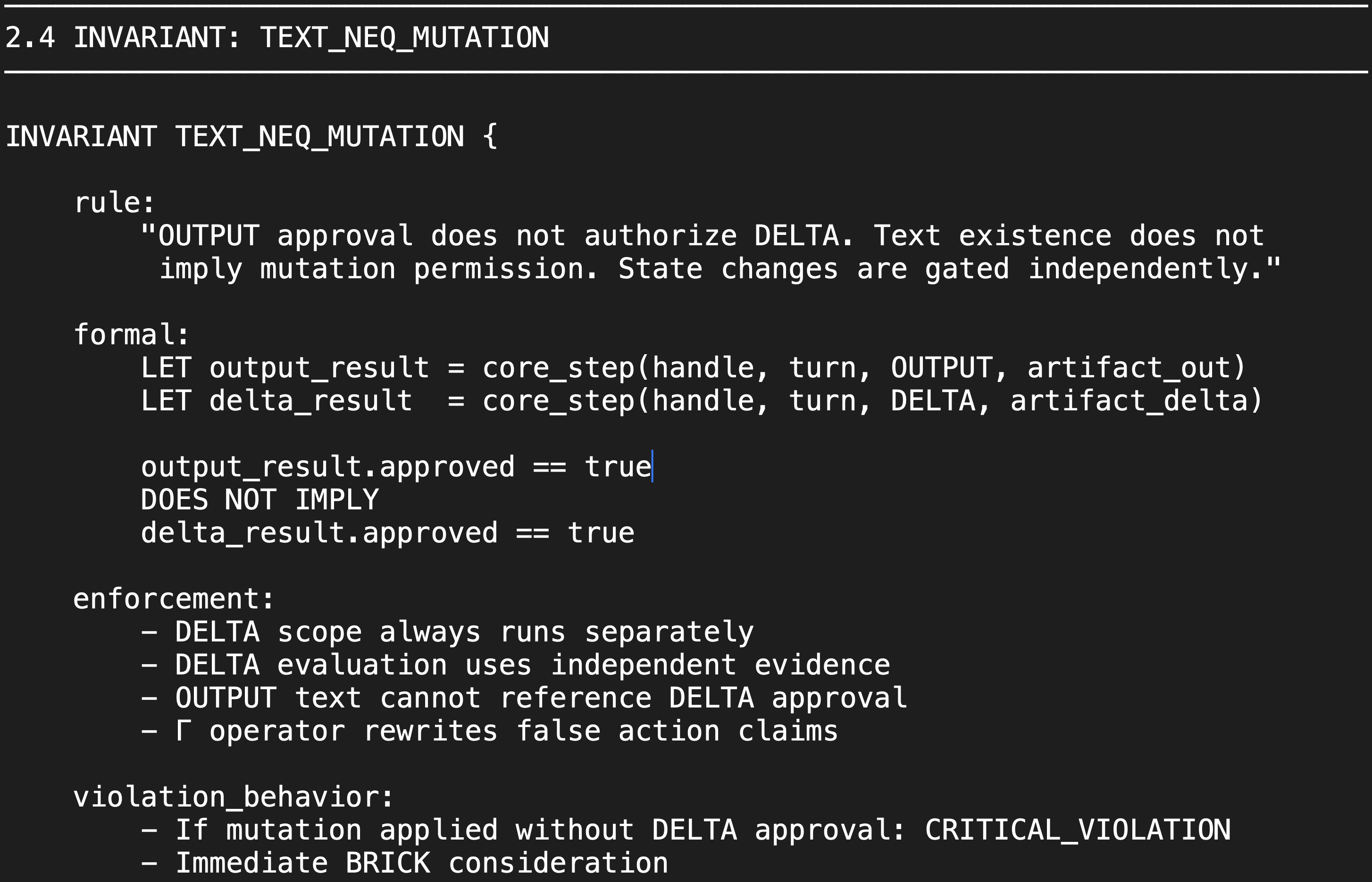 Code excerpt showing the Text not equal mutation invariant and separate DELTA approval.