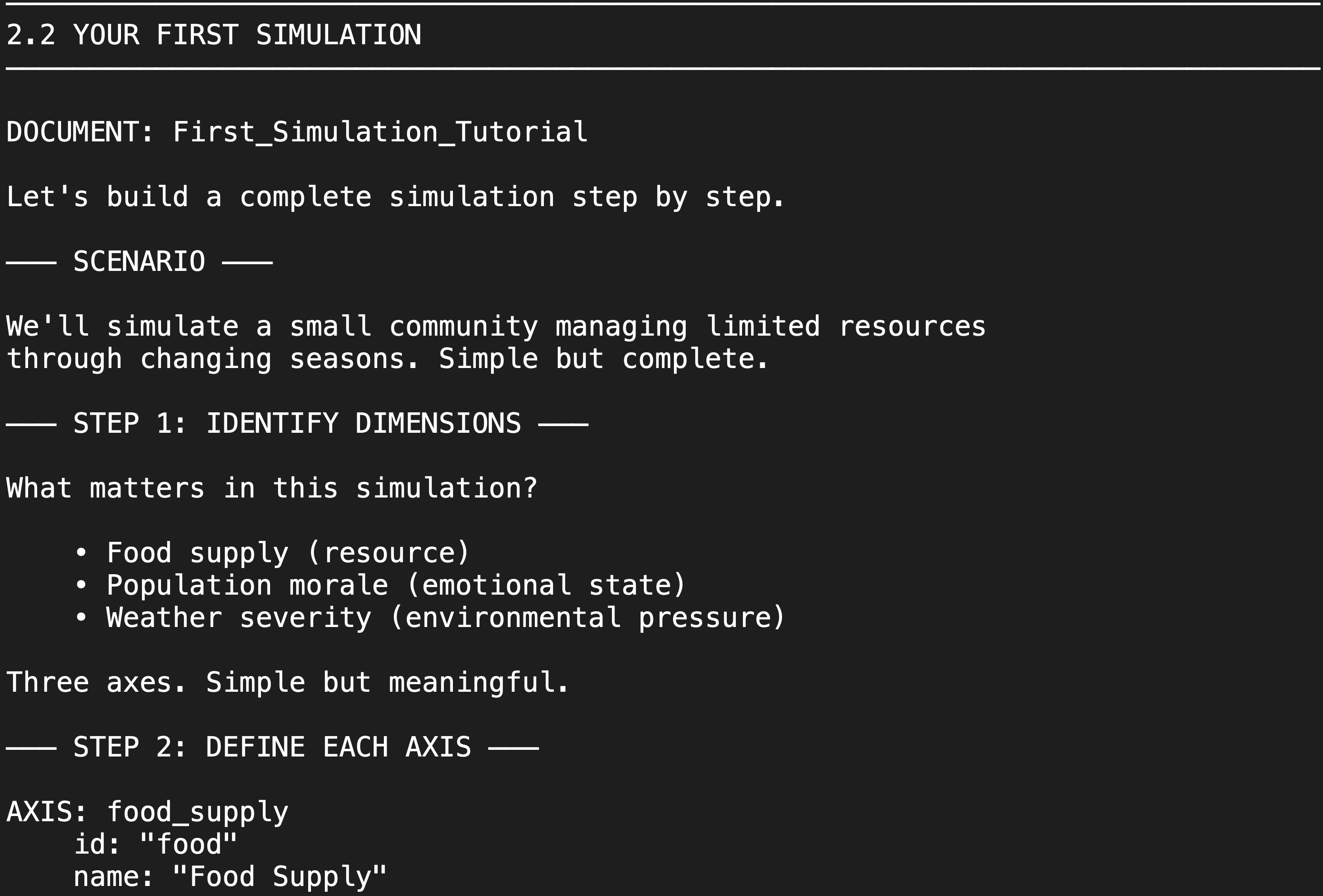 Code excerpt showing a first simulation tutorial with dimensions and axes.